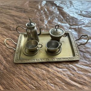 9 Piece - vintage miniature metal tea set- doll tea set - with Peru on trim